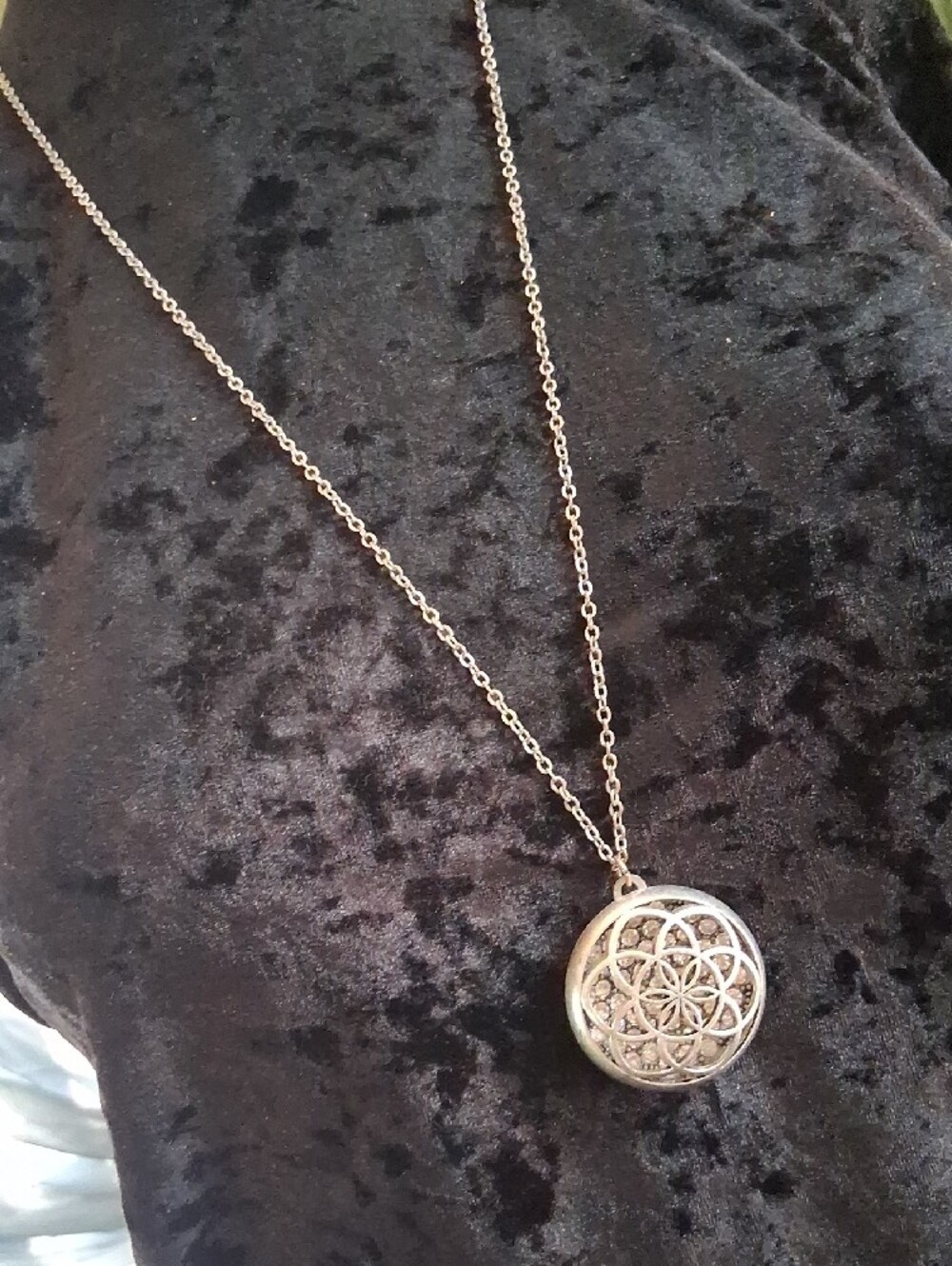 Silver Floral Medallion Pendant Necklace - Women Jewelry 28 In L. - Picture 2 of 8